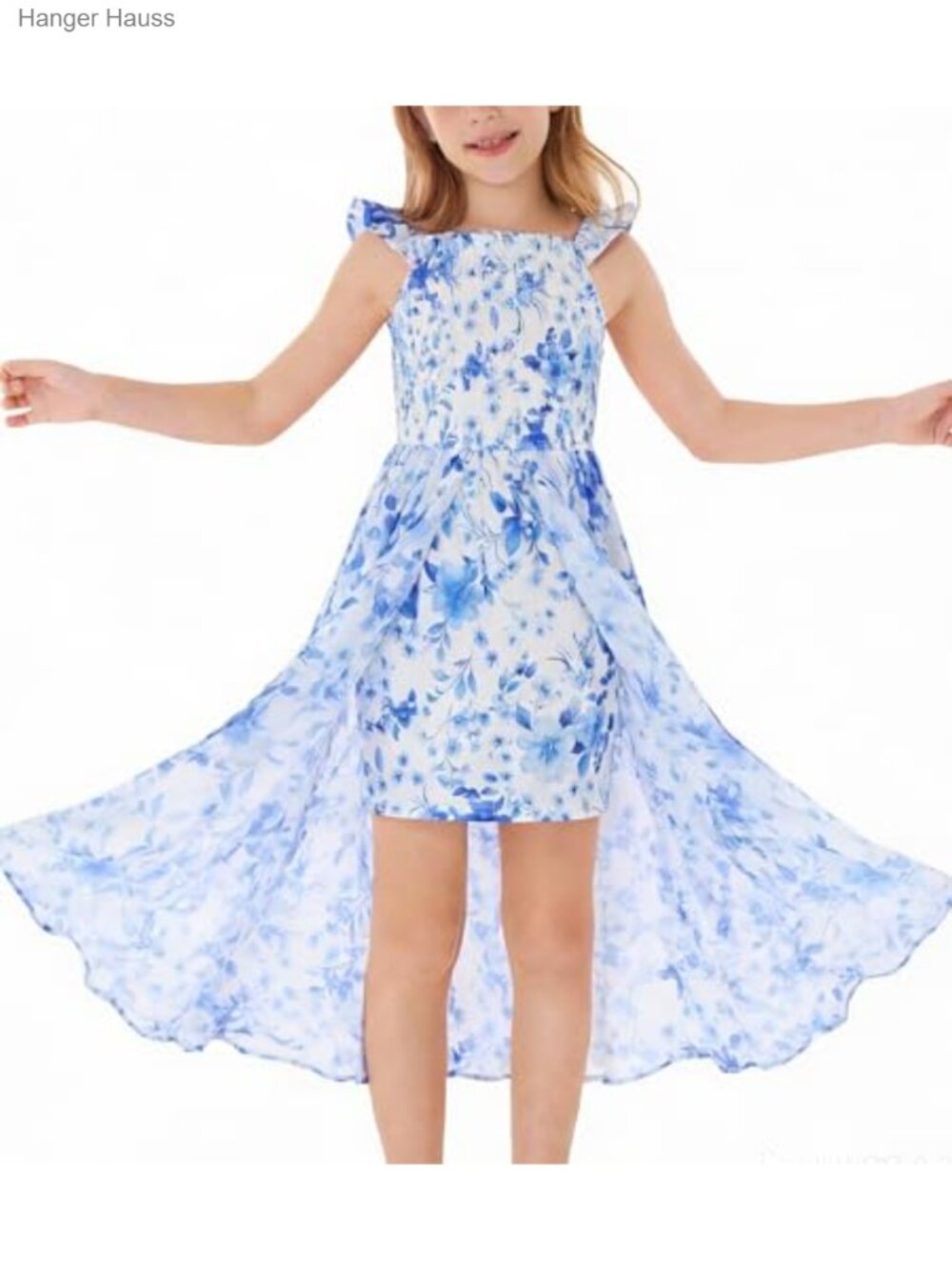 Girls Hawaiian Smocked Tiered Maxi Dress Flutter Sleeve Square Neck Chiffon